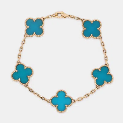 Pre-owned Van Cleef & Arpels Vintage Alhambra Agate 18k Yellow Gold 5 Motif Station Bracelet In Blue