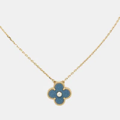Pre-owned Van Cleef & Arpels Vintage Alhambra Blue Grey Sèvres Porcelain Diamond 18k Yellow Gold 2026 Holiday Pendant Necklace