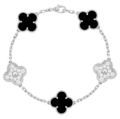Pre-owned Van Cleef & Arpels Vintage Alhambra Bracelet 5 Motifs Onyx &diamonds 18kwg Set In Black