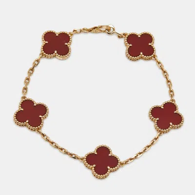 Pre-owned Van Cleef & Arpels Vintage Alhambra Carnelian 18k Yellow Gold 5 Motif Station Bracelet