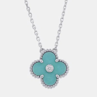 Pre-owned Van Cleef & Arpels Vintage Alhambra Celadon Green Sevres Porcelain 18k White Gold Diamond Pendant Necklace