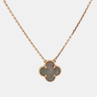 Pre-owned Van Cleef & Arpels Vintage Alhambra Grey Mother Of Pearl 18k Rose Gold Necklace In Gray