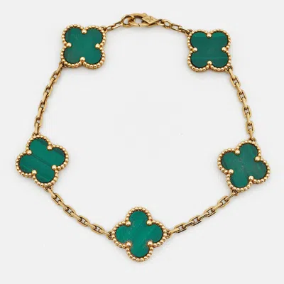 Pre-owned Van Cleef & Arpels Vintage Alhambra Malachite 18k Yellow Gold 5 Motif Station Bracelet