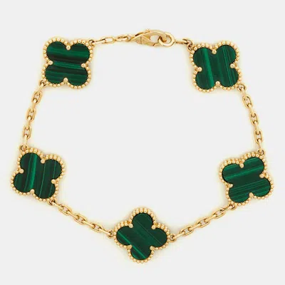 Pre-owned Van Cleef & Arpels Vintage Alhambra Malachite 18k Yellow Gold 5 Motif Station Bracelet
