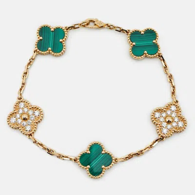 Pre-owned Van Cleef & Arpels Vintage Alhambra Malachite Diamond 18k Yellow Gold 5 Motif Station Bracelet