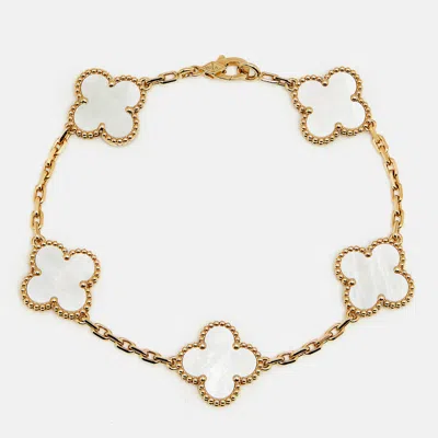 Pre-owned Van Cleef & Arpels Vintage Alhambra Mother Of Pearl 18k Yellow Gold 5 Motif Station Bracelet