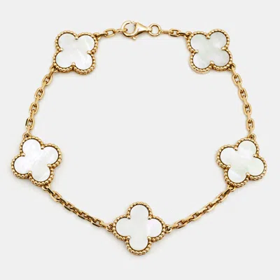 Pre-owned Van Cleef & Arpels Vintage Alhambra Mother Of Pearl 18k Yellow Gold 5 Motif Station Bracelet