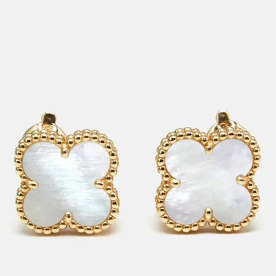 Pre-owned Van Cleef & Arpels Vintage Alhambra Mother Of Pearl 18k Yellow Gold Earrings