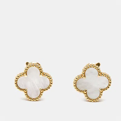 Pre-owned Van Cleef & Arpels Vintage Alhambra Mother Of Pearl 18k Yellow Gold Stud Earrings