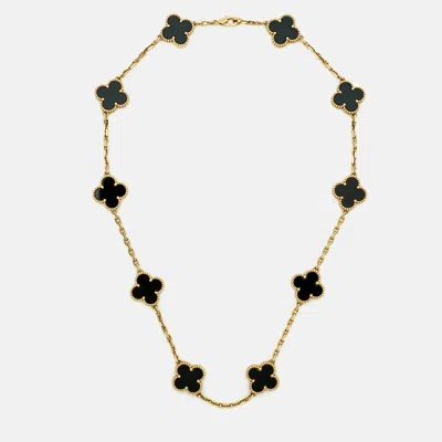 Pre-owned Van Cleef & Arpels Vintage Alhambra Onyx 18k Yellow Gold 10 Motif Necklace