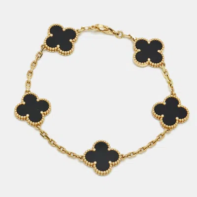 Pre-owned Van Cleef & Arpels Vintage Alhambra Onyx 18k Yellow Gold 5 Motif Station Bracelet