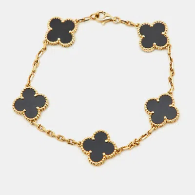 Pre-owned Van Cleef & Arpels Vintage Alhambra Onyx 18k Yellow Gold 5 Motif Station Bracelet