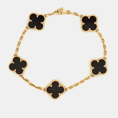 Pre-owned Van Cleef & Arpels Vintage Alhambra Onyx 18k Yellow Gold 5 Motif Station Bracelet