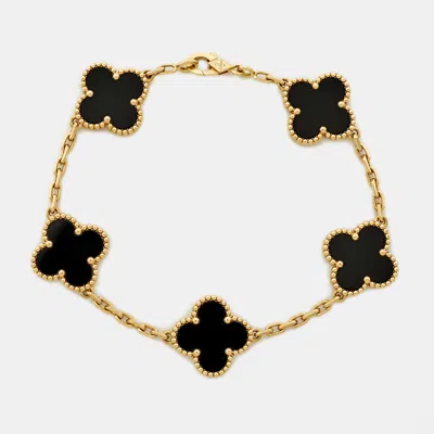 Pre-owned Van Cleef & Arpels Vintage Alhambra Onyx 18k Yellow Gold 5 Motif Station Bracelet