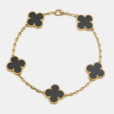 Pre-owned Van Cleef & Arpels Vintage Alhambra Onyx 18k Yellow Gold 5 Motif Station Bracelet