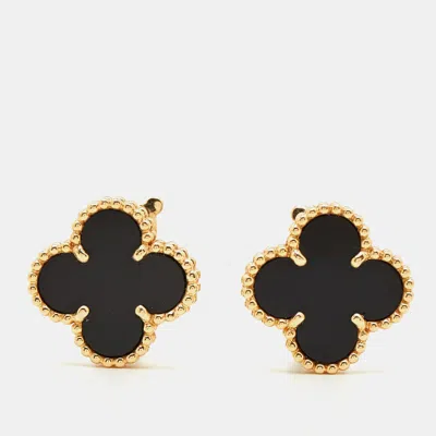 Pre-owned Van Cleef & Arpels Vintage Alhambra Onyx 18k Yellow Gold Earrings
