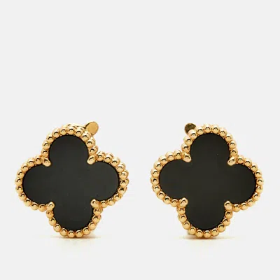 Pre-owned Van Cleef & Arpels Vintage Alhambra Onyx 18k Yellow Gold Earrings