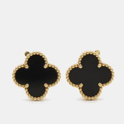Pre-owned Van Cleef & Arpels Vintage Alhambra Onyx 18k Yellow Gold Earrings
