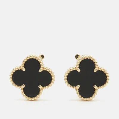 Pre-owned Van Cleef & Arpels Vintage Alhambra Onyx 18k Yellow Gold Stud Earrings