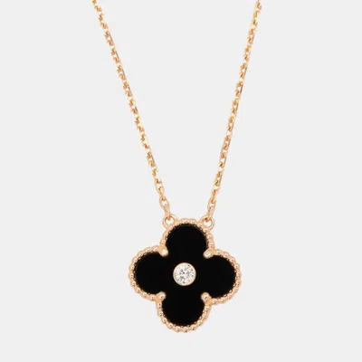 Pre-owned Van Cleef & Arpels Vintage Alhambra Onyx Diamond 18k Rose Gold Necklace