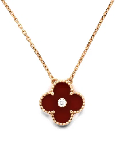Pre-owned Van Cleef & Arpels Vintage Alhambra Pendant 18k Rose Gold And Carnelian With Diamond Necklace In Pink