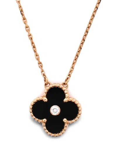 Pre-owned Van Cleef & Arpels Vintage Alhambra Pendant 18k Rose Gold And Onyx With Diamond Necklace In Pink