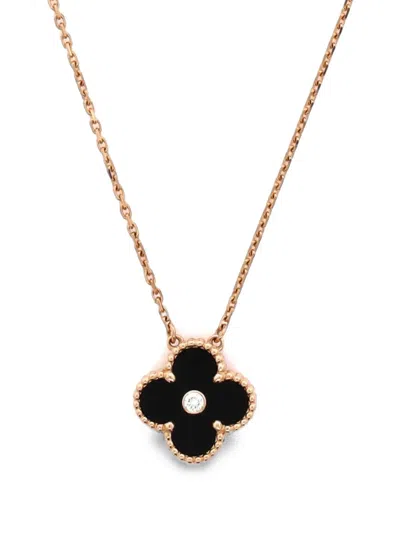 Pre-owned Van Cleef & Arpels Vintage Alhambra Pendant 18k Rose Gold And Onyx With Diamond Necklace In Pink