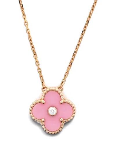 Pre-owned Van Cleef & Arpels Vintage Alhambra Pendant 18k Rose Gold And Pink Sevres Porcelain With Diamond Necklace