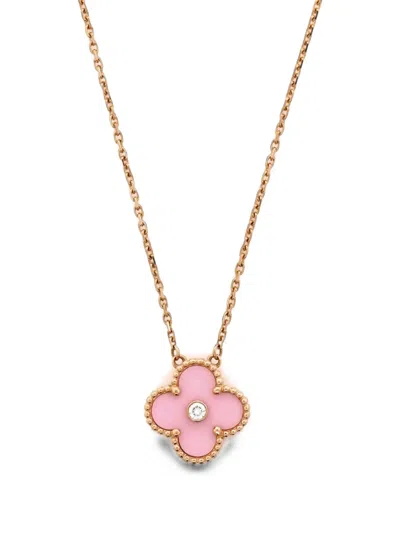 Pre-owned Van Cleef & Arpels Vintage Alhambra Pendant 18k Rose Gold And Pink Sevres Porcelain With Diamond Necklace