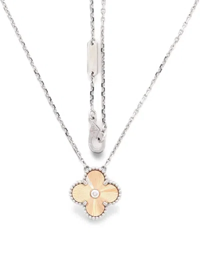 Pre-owned Van Cleef & Arpels Vintage Alhambra Pendant 18k White Gold And Guilloche 18k Rose Gold With Diamond Necklace In Pink