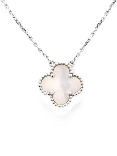 Pre-owned Van Cleef & Arpels Vintage Alhambra Pendant 18k White Gold And Mother Of Pearl Necklace In Silver