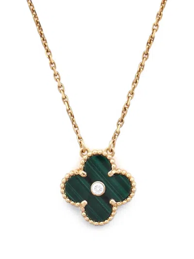 Pre-owned Van Cleef & Arpels Vintage Alhambra Pendant 18k Yellow Gold And Malachite With Diamond Necklace