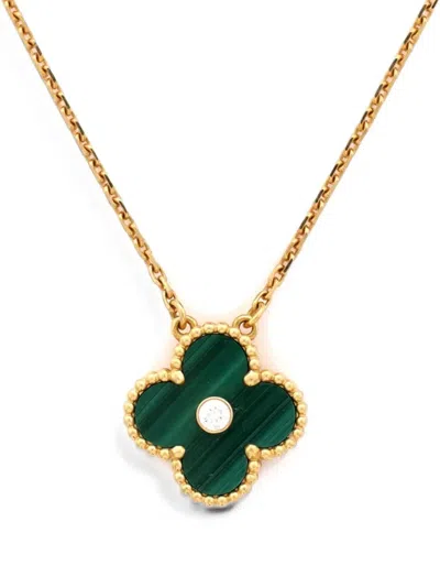 Pre-owned Van Cleef & Arpels Vintage Alhambra Pendant 18k Yellow Gold And Malachite With Diamond Necklace
