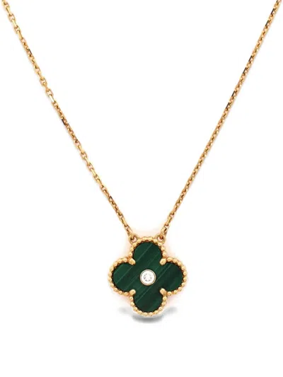 Pre-owned Van Cleef & Arpels Vintage Alhambra Pendant 18k Yellow Gold And Malachite With Diamond Necklace