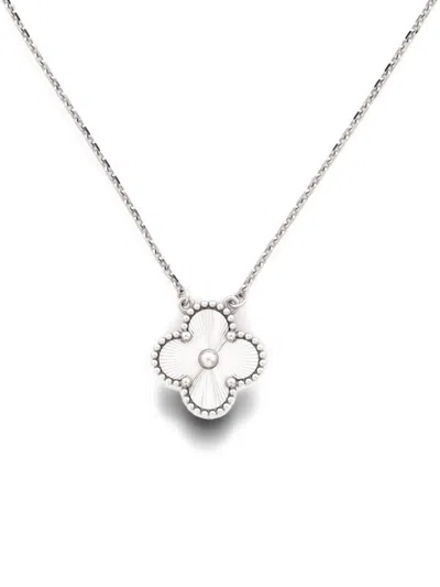 Pre-owned Van Cleef & Arpels Vintage Alhambra Pendant Guilloche 18k White Gold Necklace In Silver