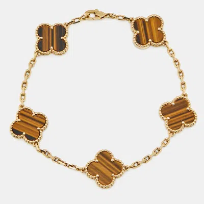 Pre-owned Van Cleef & Arpels Vintage Alhambra Tiger's Eye 18k Yellow Gold 5 Motif Station Bracelet