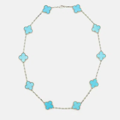 Pre-owned Van Cleef & Arpels Vintage Alhambra Turquoise 18k White Gold 10 Motifs Station Necklace