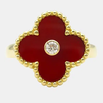 Pre-owned Van Cleef & Arpels Vintage Alhambra Yellow Gold Diamond Carnelian Ring Eu 52