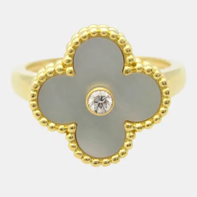 Pre-owned Van Cleef & Arpels Vintage Alhambra Yellow Gold Diamond Mother Of Pearl Ring Eu 54
