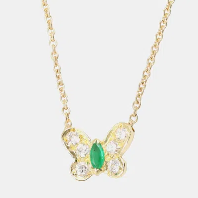 Pre-owned Van Cleef & Arpels Vintage Butterfly 0.10 Carat Marquise & Mixed Cut Emerald 18k Yellow Gold Pendant Necklace