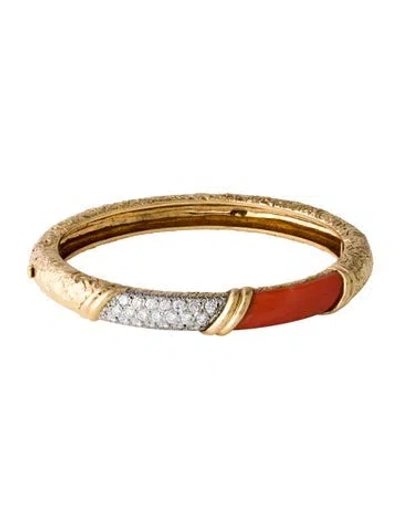 Pre-owned Van Cleef & Arpels Vintage Coral & Diamond Hinged Bangle, 6.5" In Orange