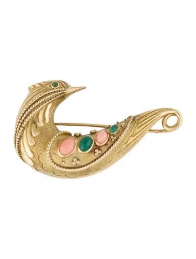 Pre-owned Van Cleef & Arpels Vintage Dyed Chalcedony & Coral Bird Brooch In Multi
