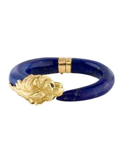 Pre-owned Van Cleef & Arpels Vintage Lapis Lazuli & Chalcedony Lion Cuff Bracelet, 7" In Multi