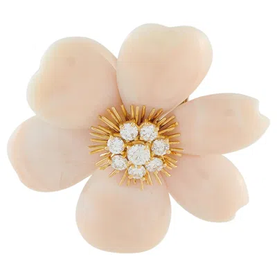 Pre-owned Van Cleef & Arpels Vintage Rose De Nol 18k Gold 1.54ct Diamond And Coral Brooch In Red