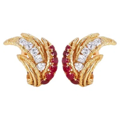 Pre-owned Van Cleef & Arpels Vintage Ruby Diamond 18k Yellow Gold Leaf Clip Earrings