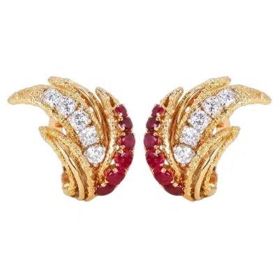 Pre-owned Van Cleef & Arpels Vintage Ruby Diamond 18k Yellow Gold Leaf Clip Earrings