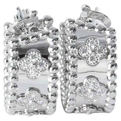 Pre-owned Van Cleef & Arpels White Gold Diamond Perlee Clovers Hoop Earrings