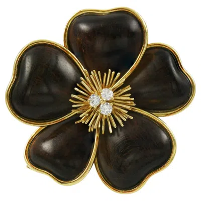 Pre-owned Van Cleef & Arpels Wood Diamond Rose De Noel Flower Brooch In Red