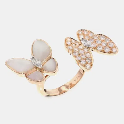 Pre-owned Van Cleef & Arpels 18k Pink Gold Diamond Mother Of Pearl Two Butterfly Between The Finger Ring Eu 50