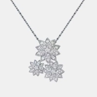 Pre-owned Van Cleef & Arpels 18k White Gold Full Diamond Lotus Pendant Three Flower Necklace